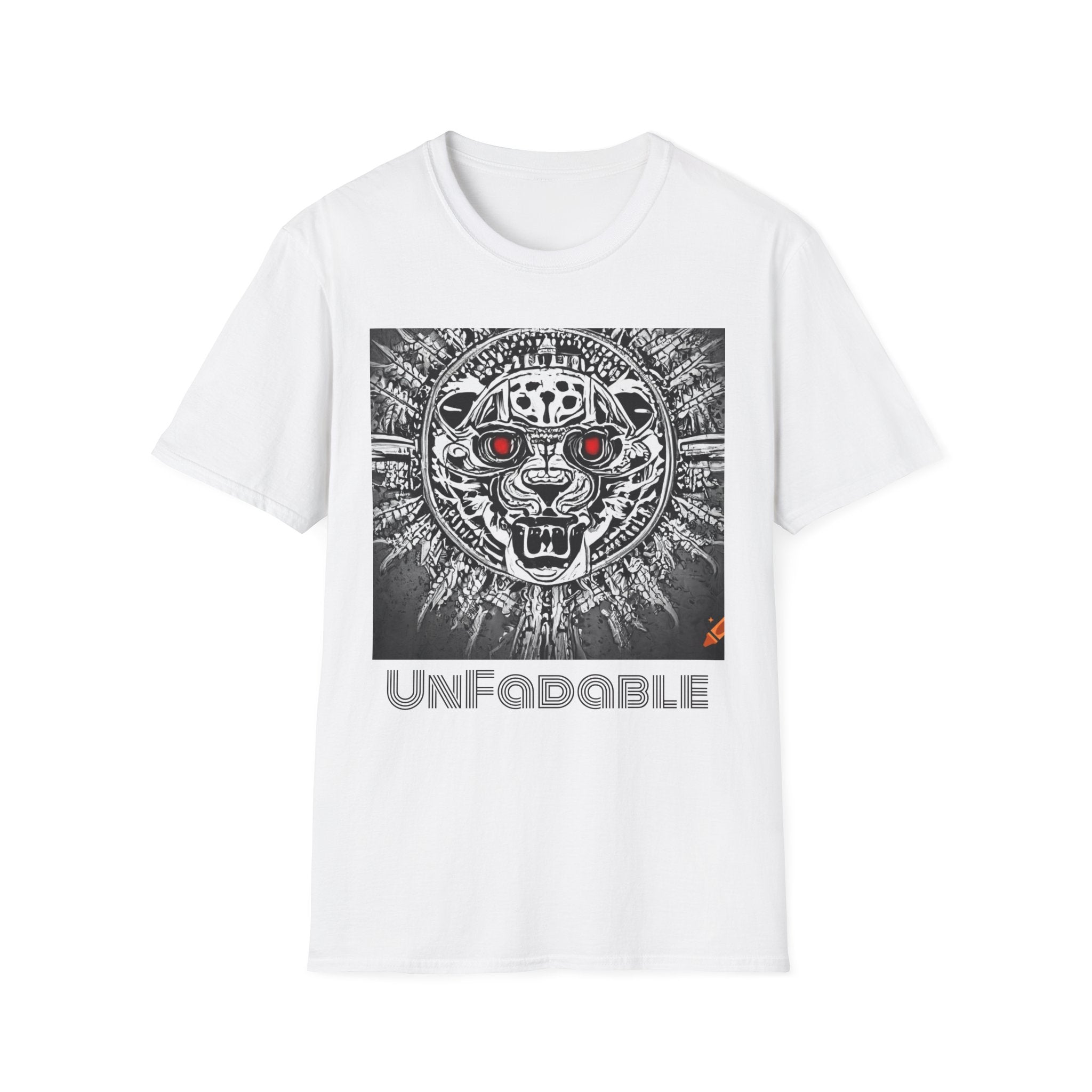 Unf0dable Tiger Emblem T-Shirt — Retro Aztec Jaguar Design with Red Eyes